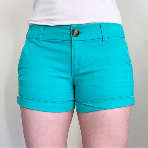 American Eagle Y2K aqua teal midi shorts stretch beach summer Elena Gilbert - Picture 1 of 4